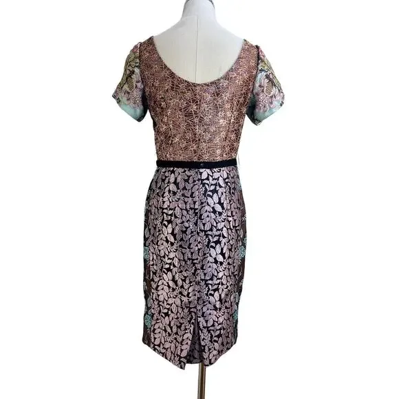 Anthropologie Beguile by Byron Lars Brocade Floral Dress Black Lace Sheath Mini